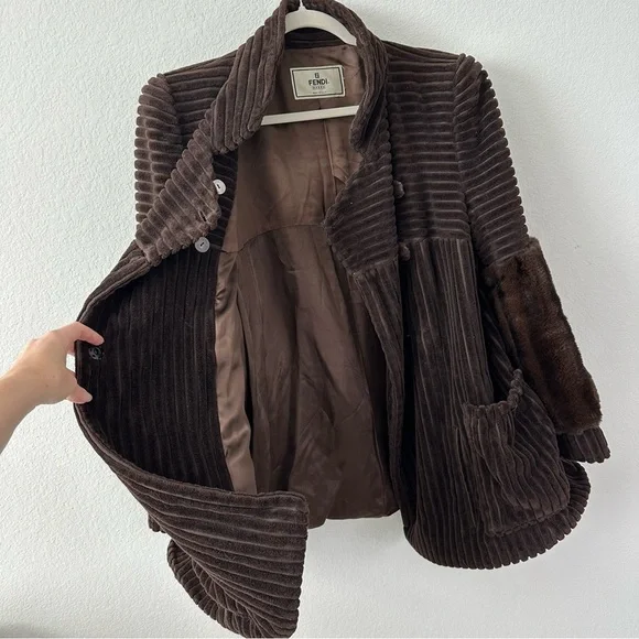 VINTAGE Fendi Brown Striped Fur Trim Jacket Coat SZ US 6 - Picture 7 of 13